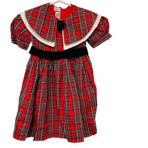 Vintage Pansy Mar Designs Girls Dress  Red Plaid Black Flower Accent & Capelet S